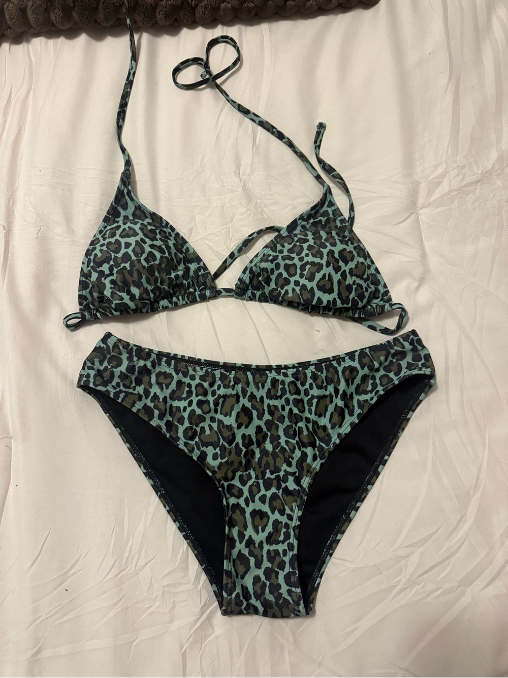 Teal Leopard Print Triangle Bikini Set - Women's Swimwear
